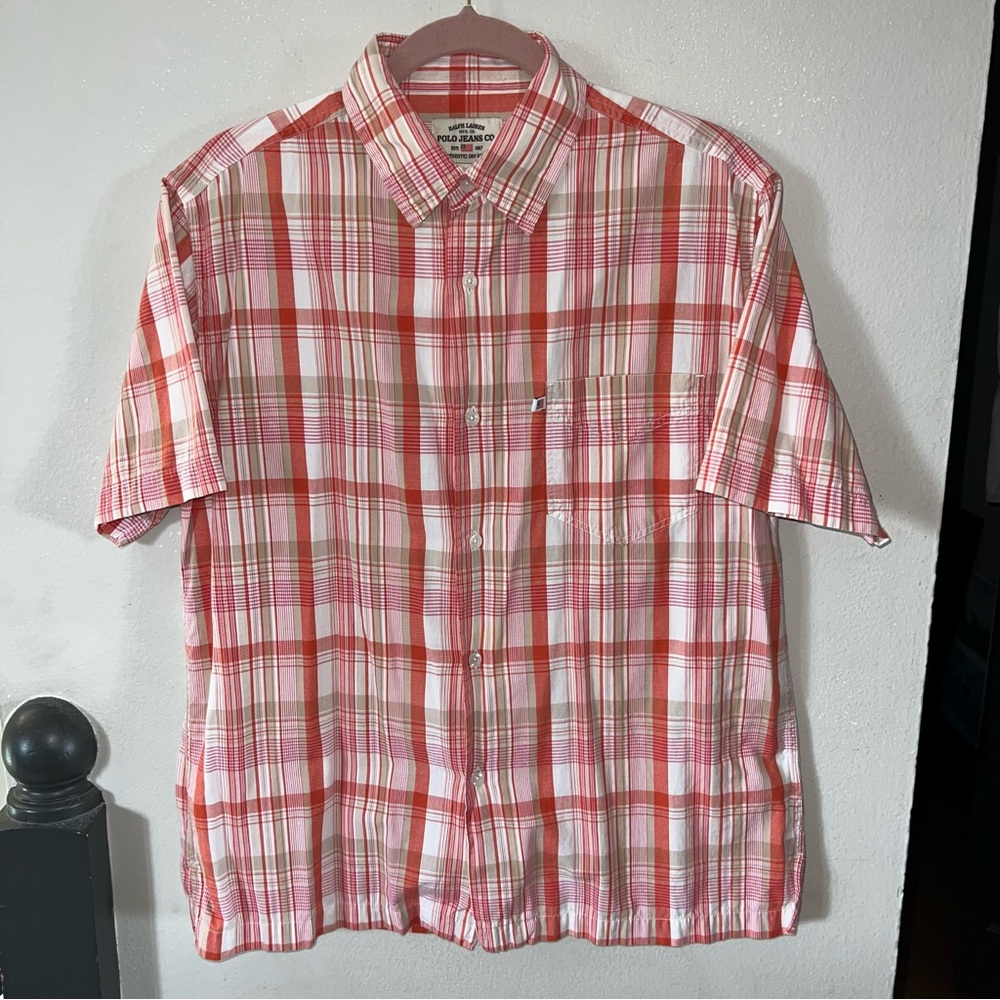 Ralph Lauren Polo Jeans Men’s Red & Tan Plaid Cotton Shirt Size L